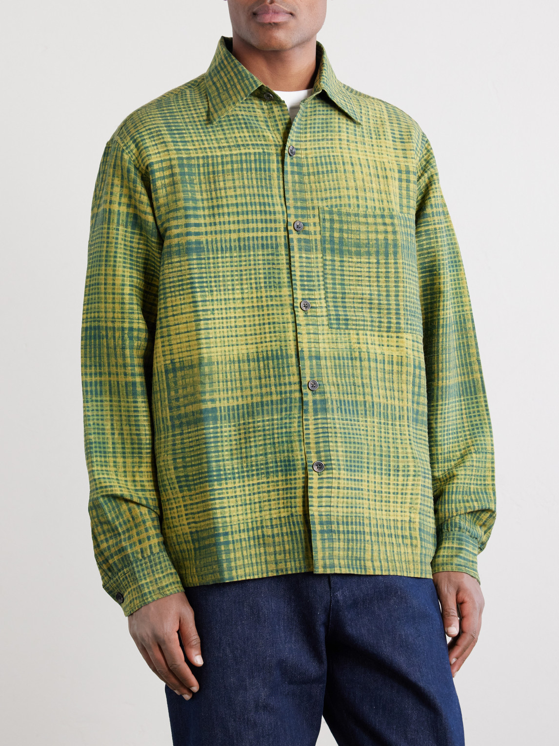  Kartik Research - Pataudi Checked Silk Shirt - Men - Green - S 