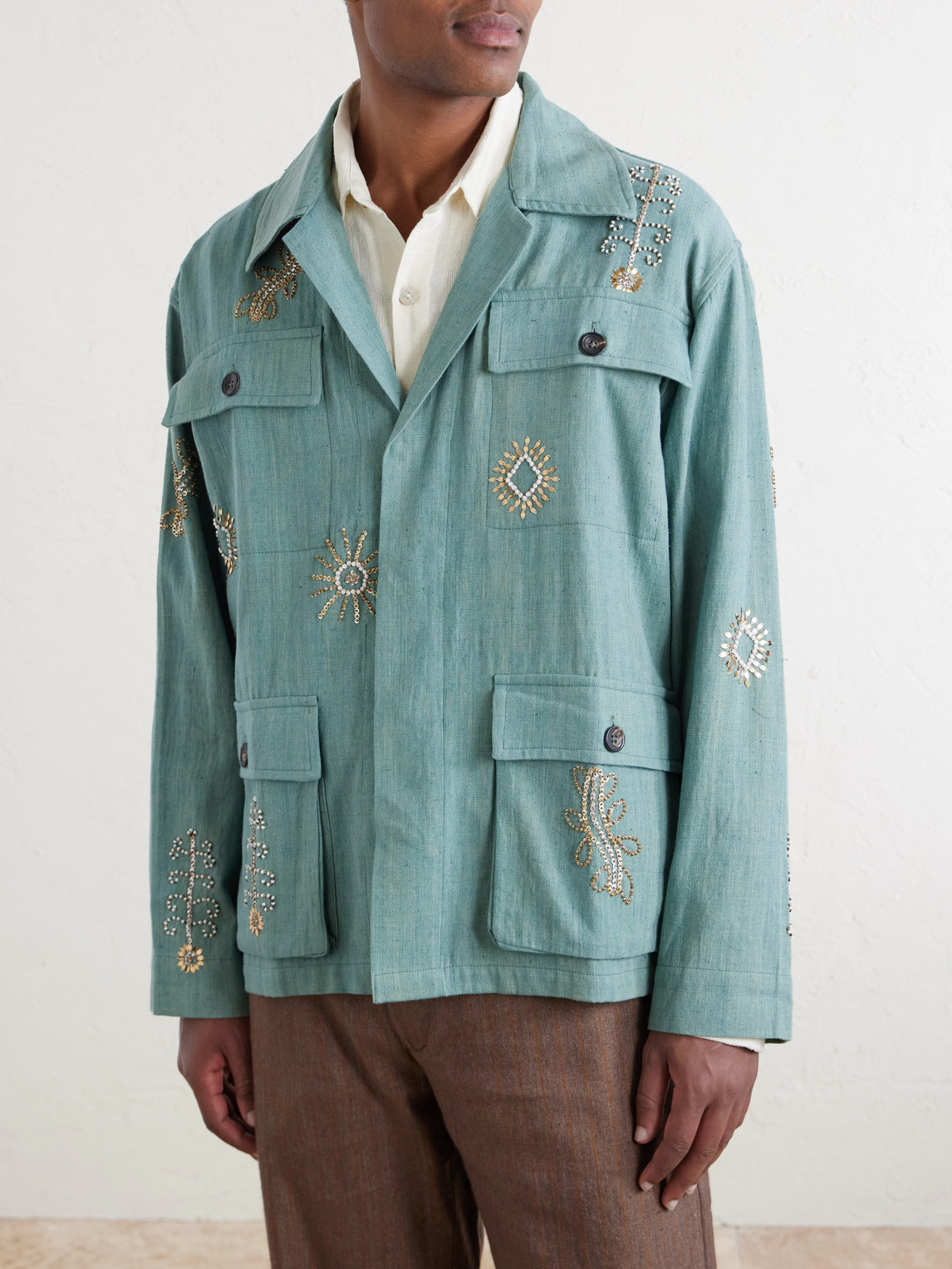  Kartik Research - Safari Embroidered Cotton Jacket - Men - Green - S 