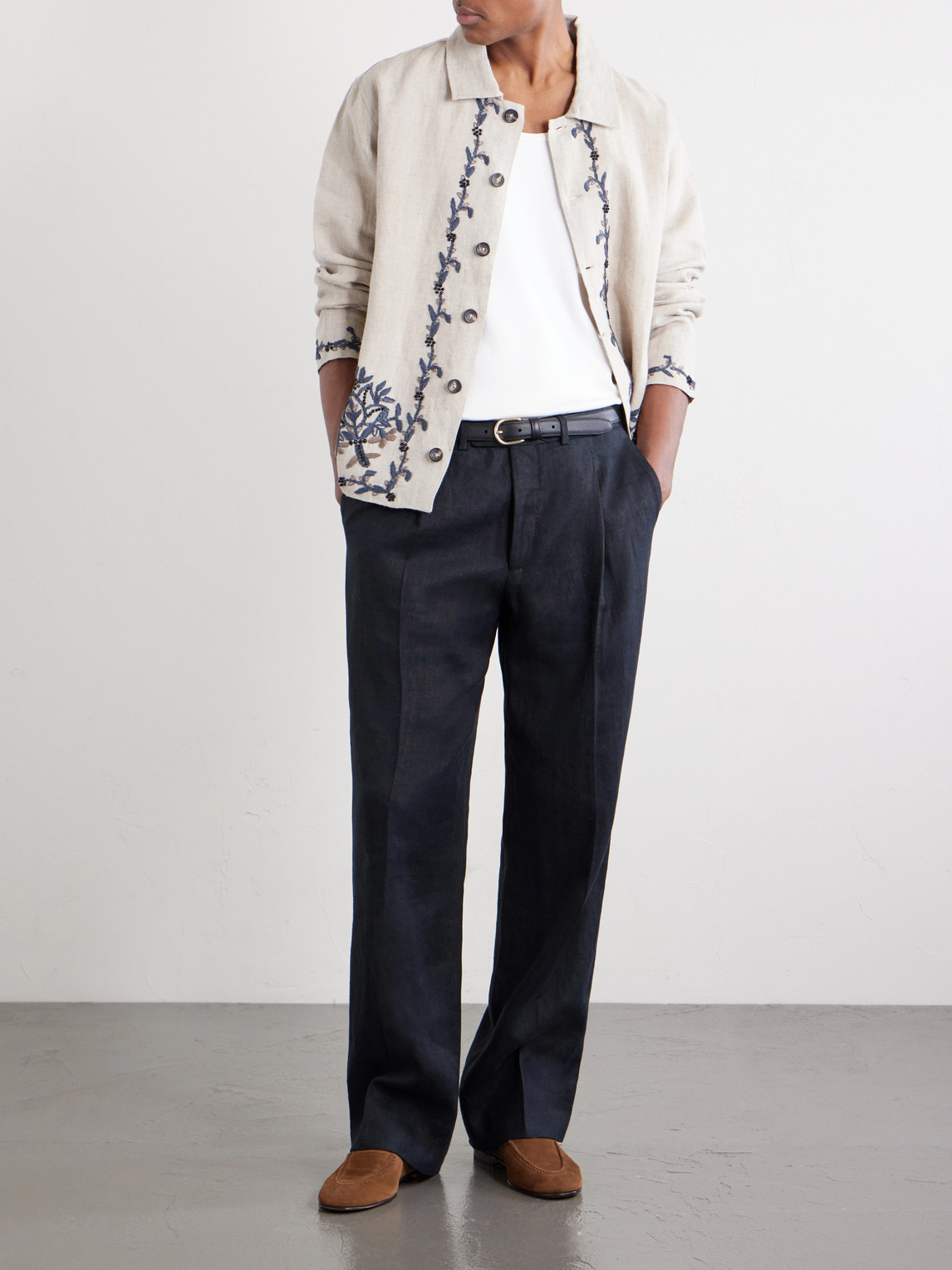 Bead-Embellished Embroidered Linen Jacket