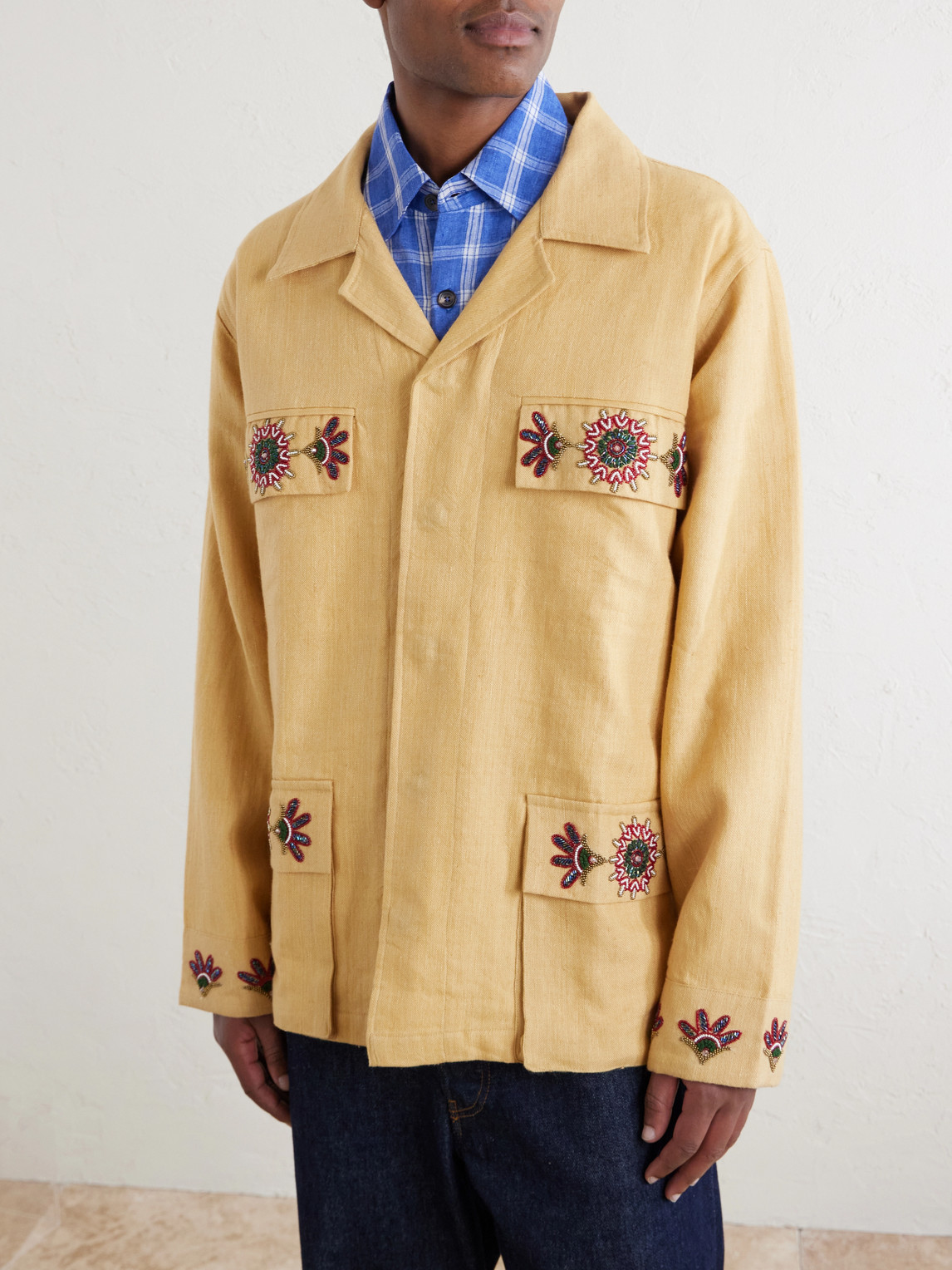  Kartik Research - Jaisalmer Embroidered Linen Jacket - Men - Yellow - S 