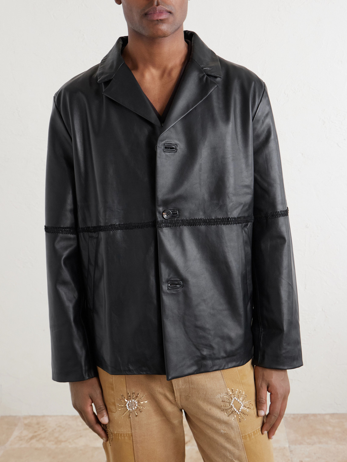  Kartik Research - Embroidered Leather Jacket - Men - Black - S 