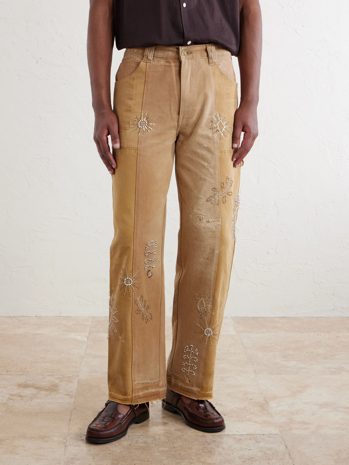  Kartik Research - Zardozi Straight-leg Embellished Paneled Cotton-canvas Trousers - Men - Neutrals - Uk/us 34 