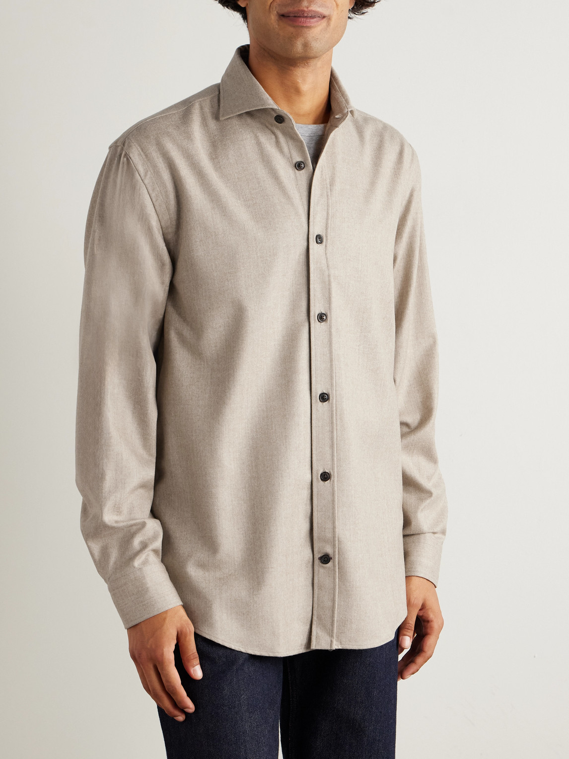 Purdey Cutaway-collar Wool And Cashmere-blend Shirt In Neutral
