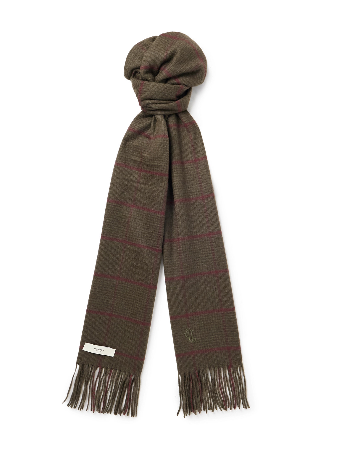 Purdey Logo-embroidered Frayed Prince Of Wales Checked Cashmere Scarf In Brown