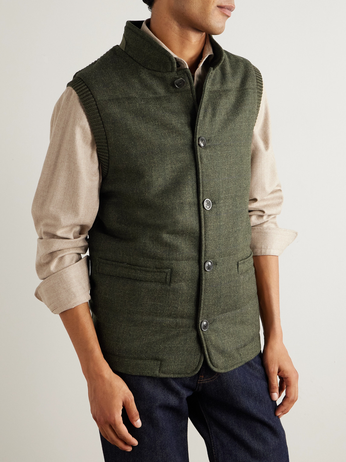 Purdey Padded Herringbone Wool-blend Gilet In Green