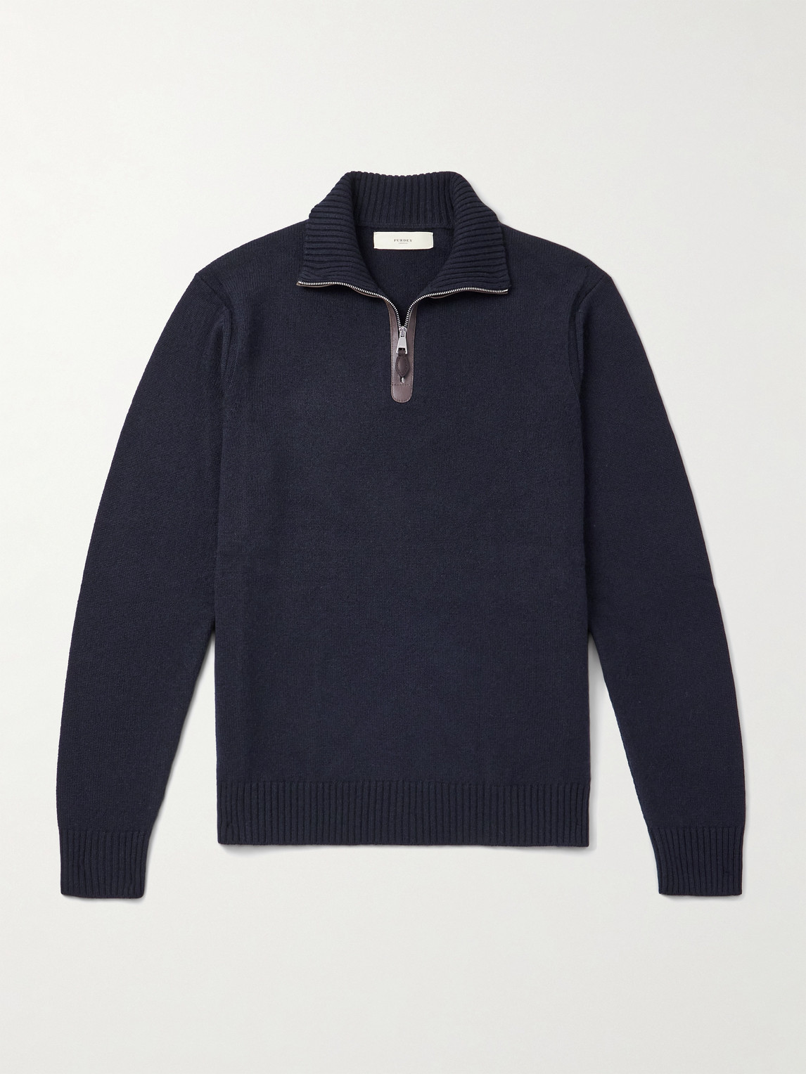 Purdey Leather-trimmed Cashmere Half-zip Sweater In Blue