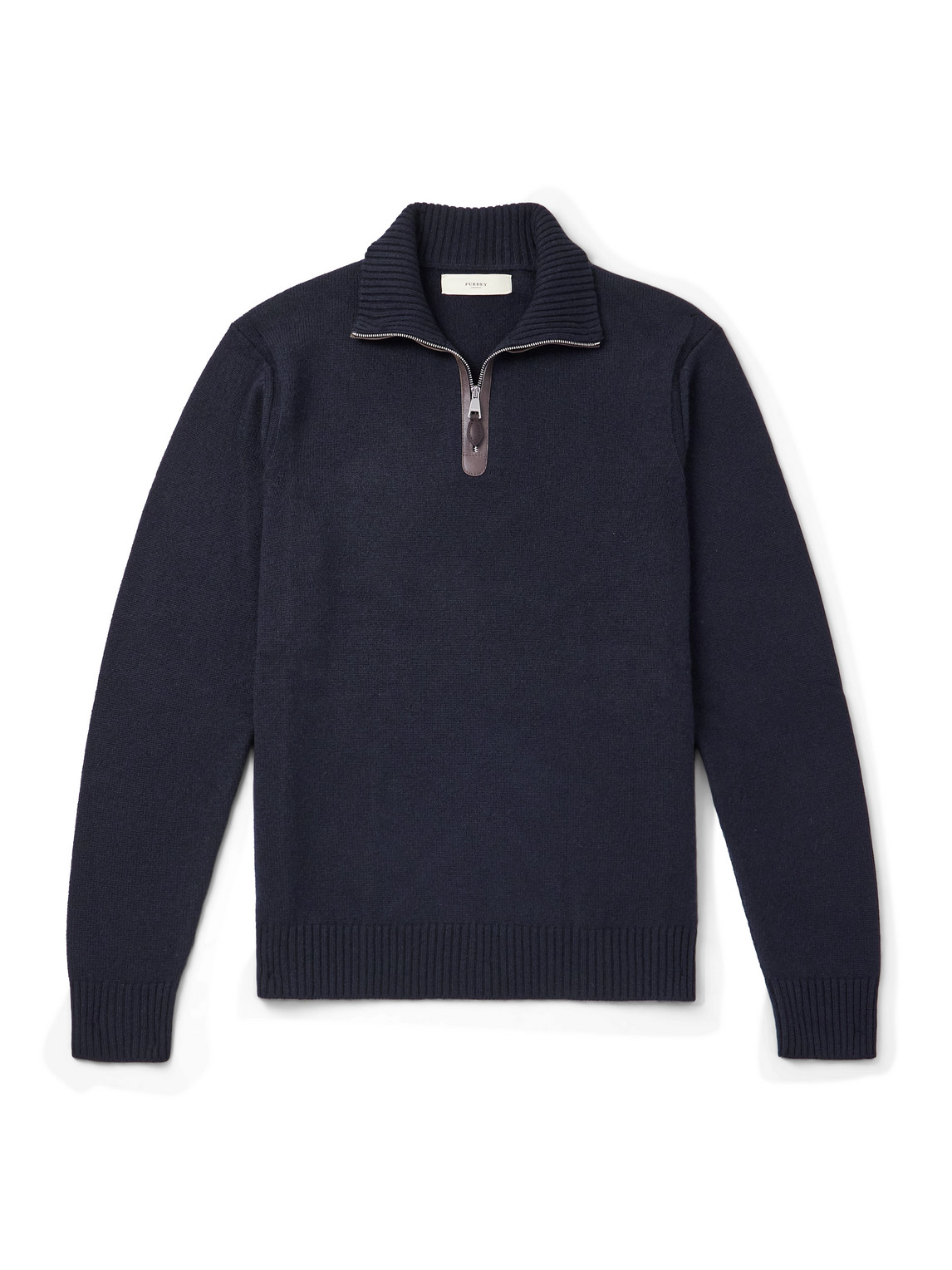 Purdey Leather-trimmed Cashmere Half-zip Sweater In Blue