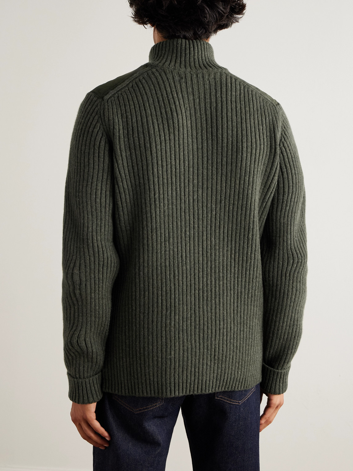 Purdey Commando Suede-trimmed Ribbed Wool Half-zip Sweater In Green