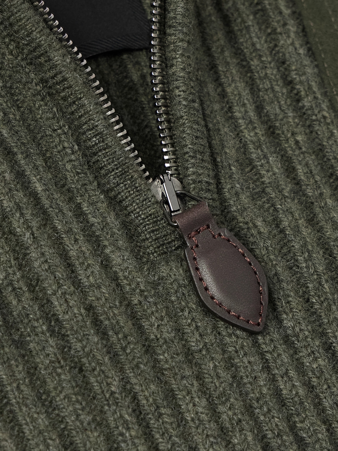 Purdey Commando Suede-trimmed Ribbed Wool Half-zip Sweater In Green