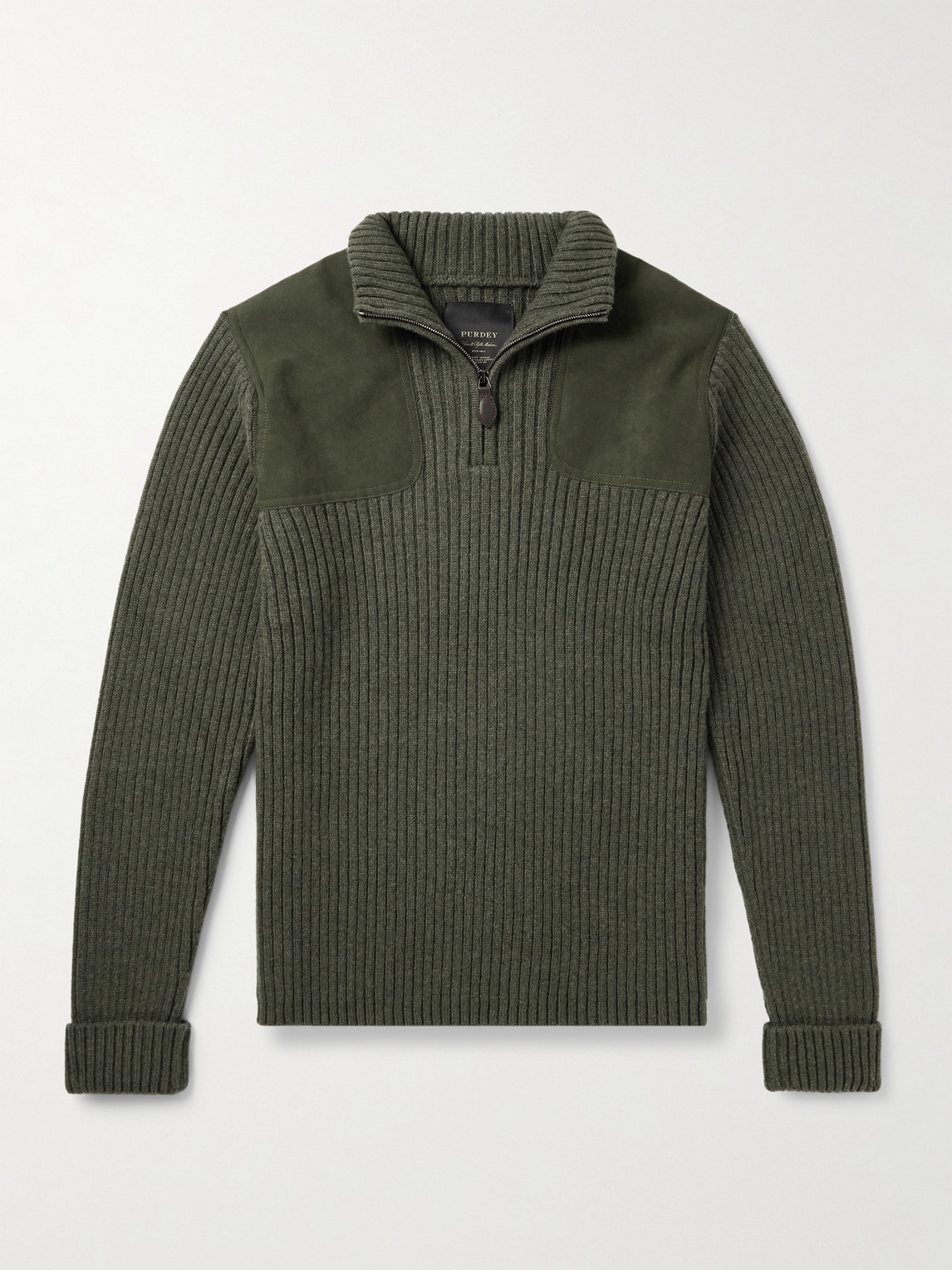 Purdey Commando Suede-trimmed Ribbed Wool Half-zip Sweater In Green