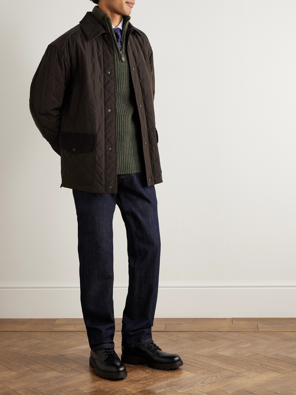Purdey Commando Suede-trimmed Ribbed Wool Half-zip Sweater In Green
