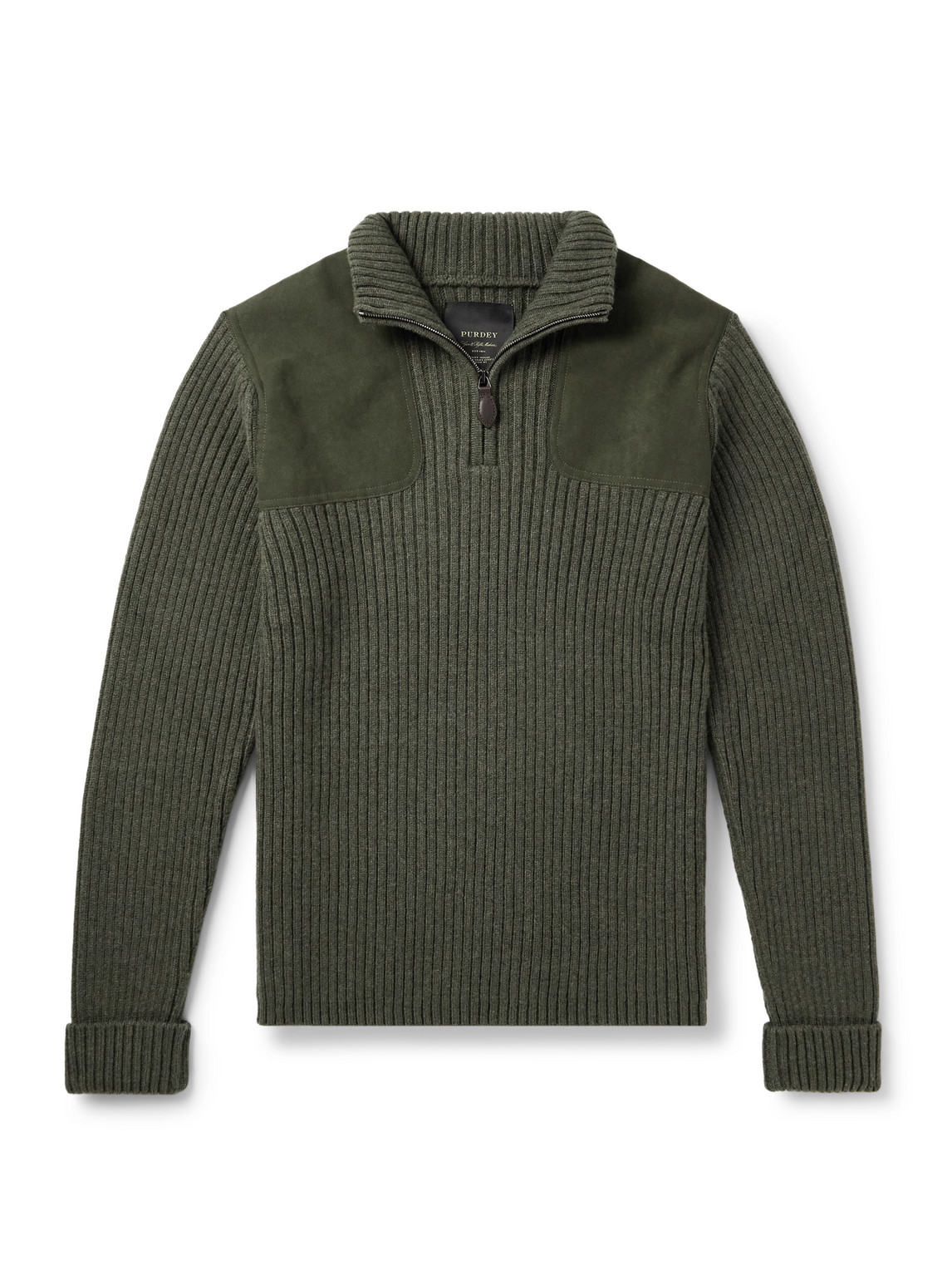 Purdey Commando Suede-trimmed Ribbed Wool Half-zip Sweater In Green