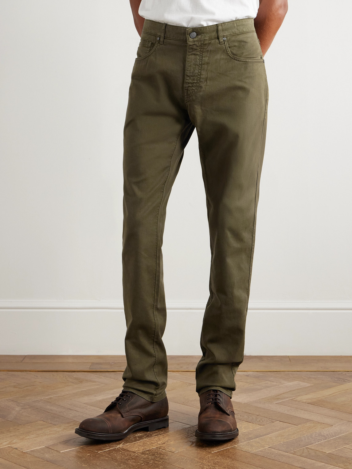 Purdey Slim-fit Straight-leg Cotton-blend Twill Trousers In Green