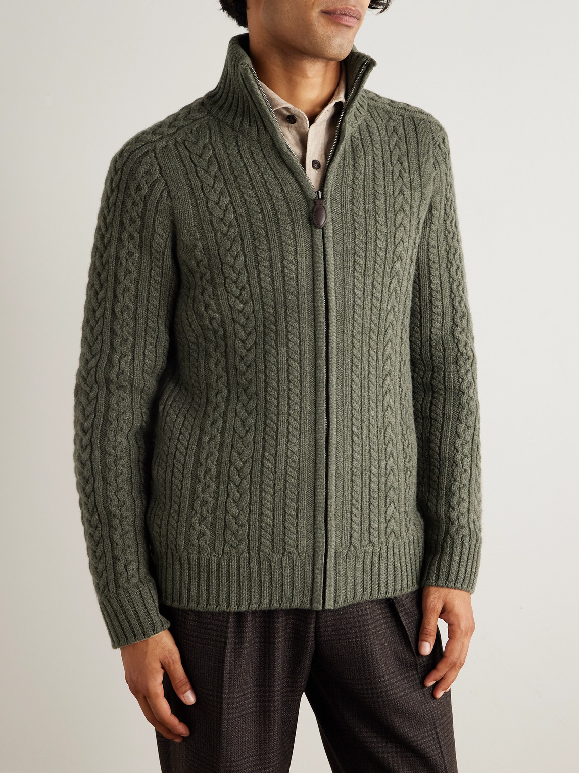 Purdey Burlington Cable-knit Wool And Cashmere Zip-up Cardigan In Green