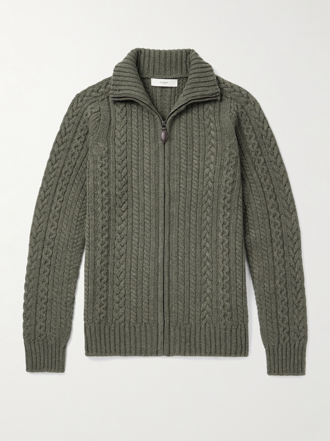Purdey Burlington Cable-knit Wool And Cashmere Zip-up Cardigan In Green