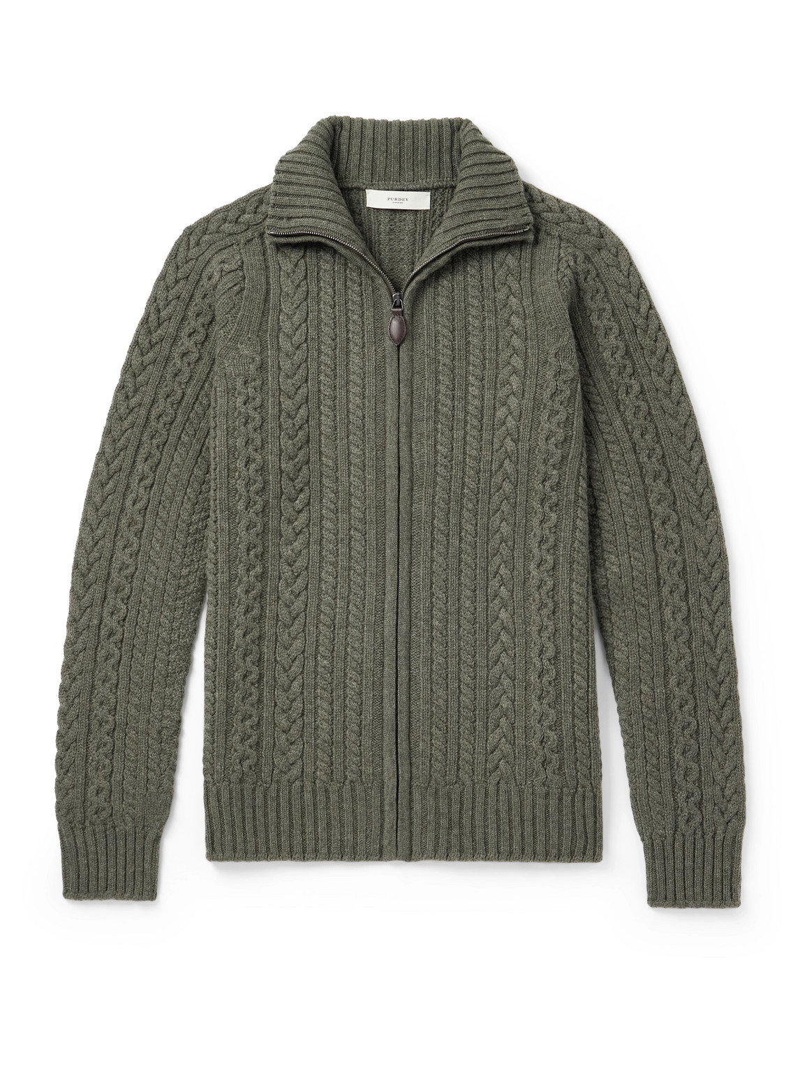 Purdey Burlington Cable-knit Wool And Cashmere Zip-up Cardigan In Green