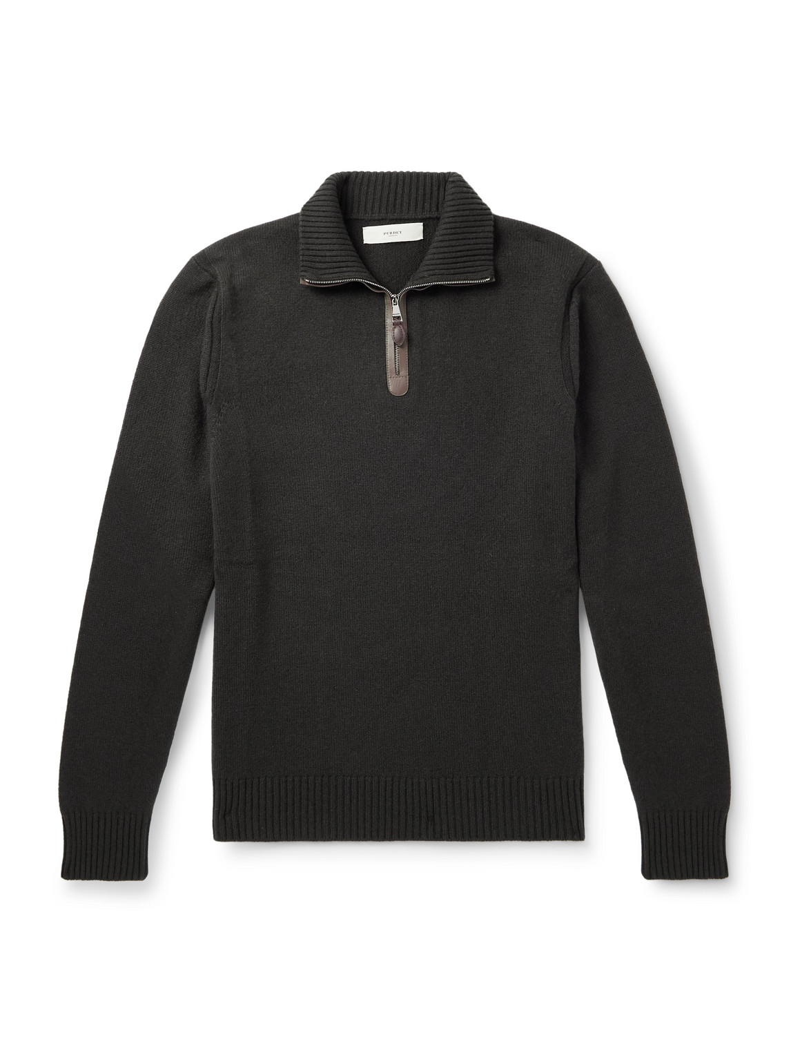 Purdey Leather-trimmed Cashmere Half-zip Sweater In Black