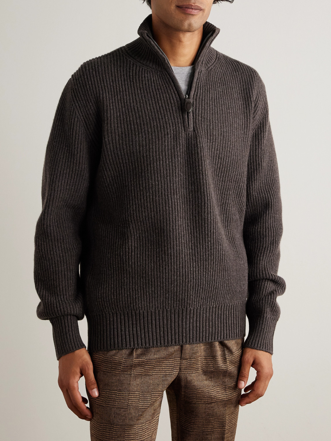 Purdey Clifford Ribbed Wool And Cashmere-blend Half-zip Sweater In Brown