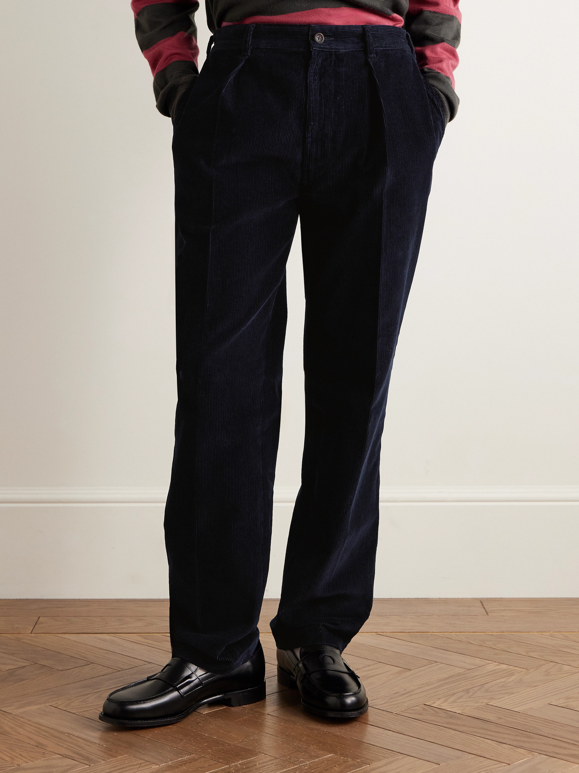 Drake's Games Tapered Pleated Cotton-corduroy Trousers In Blue