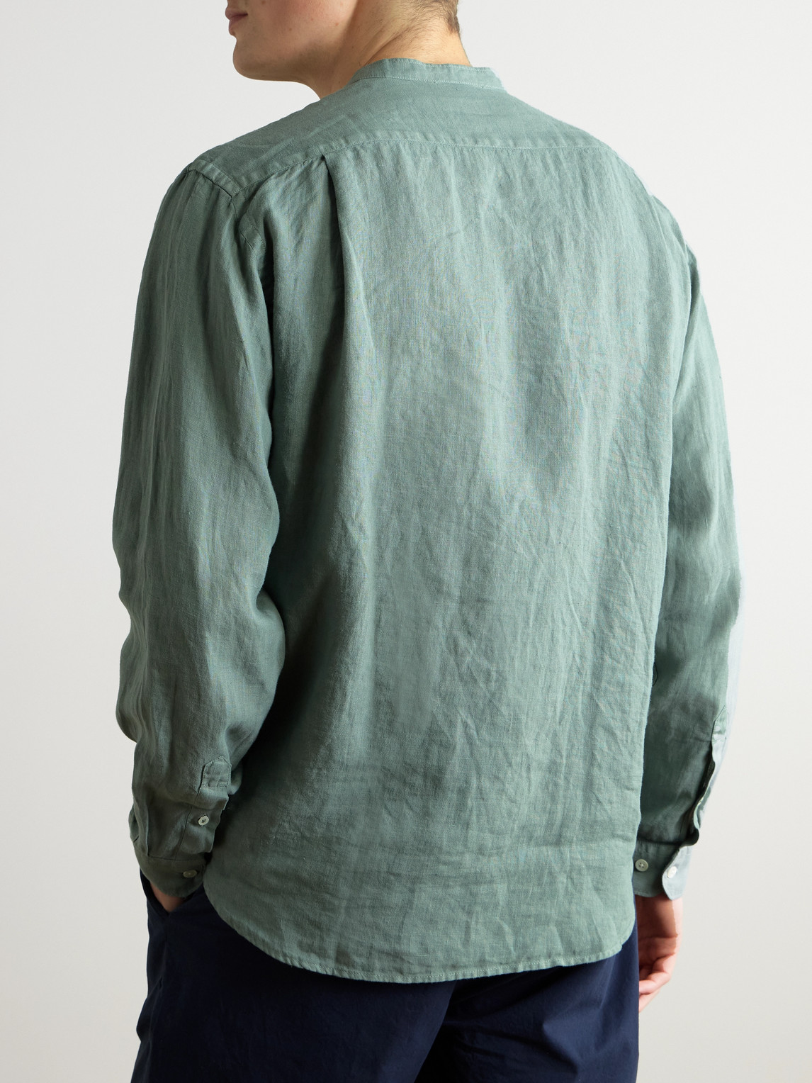 Hartford Premium Pat Grandad-collar Linen Shirt In Green