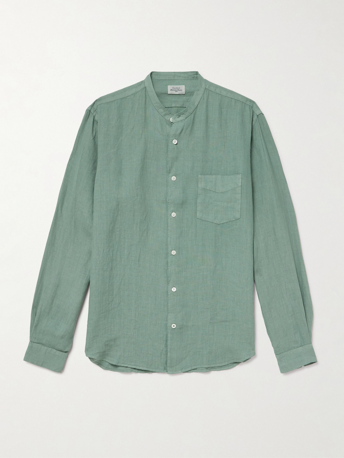Hartford Premium Pat Grandad-collar Linen Shirt In Green