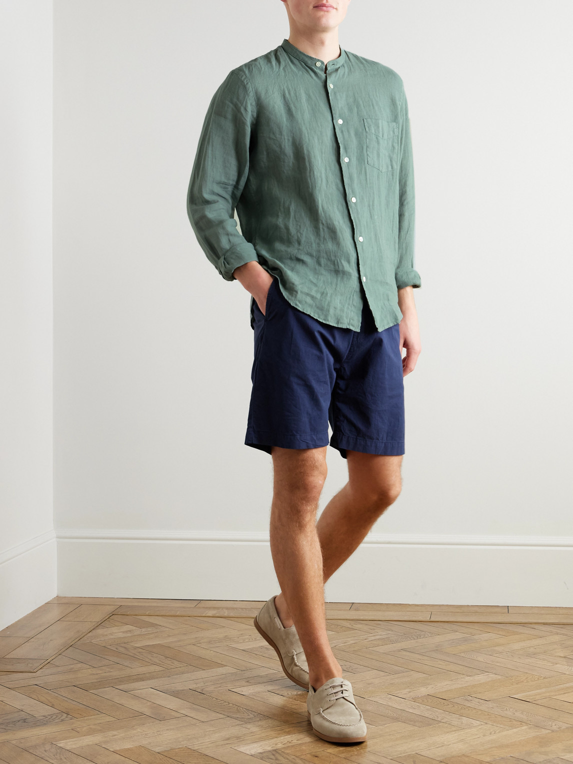 Hartford Premium Pat Grandad-collar Linen Shirt In Green