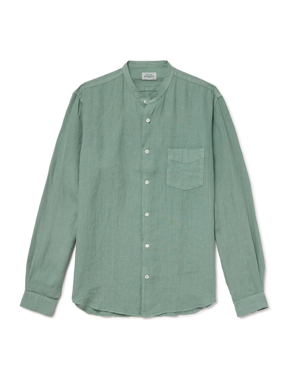 Hartford Premium Pat Grandad-collar Linen Shirt In Green