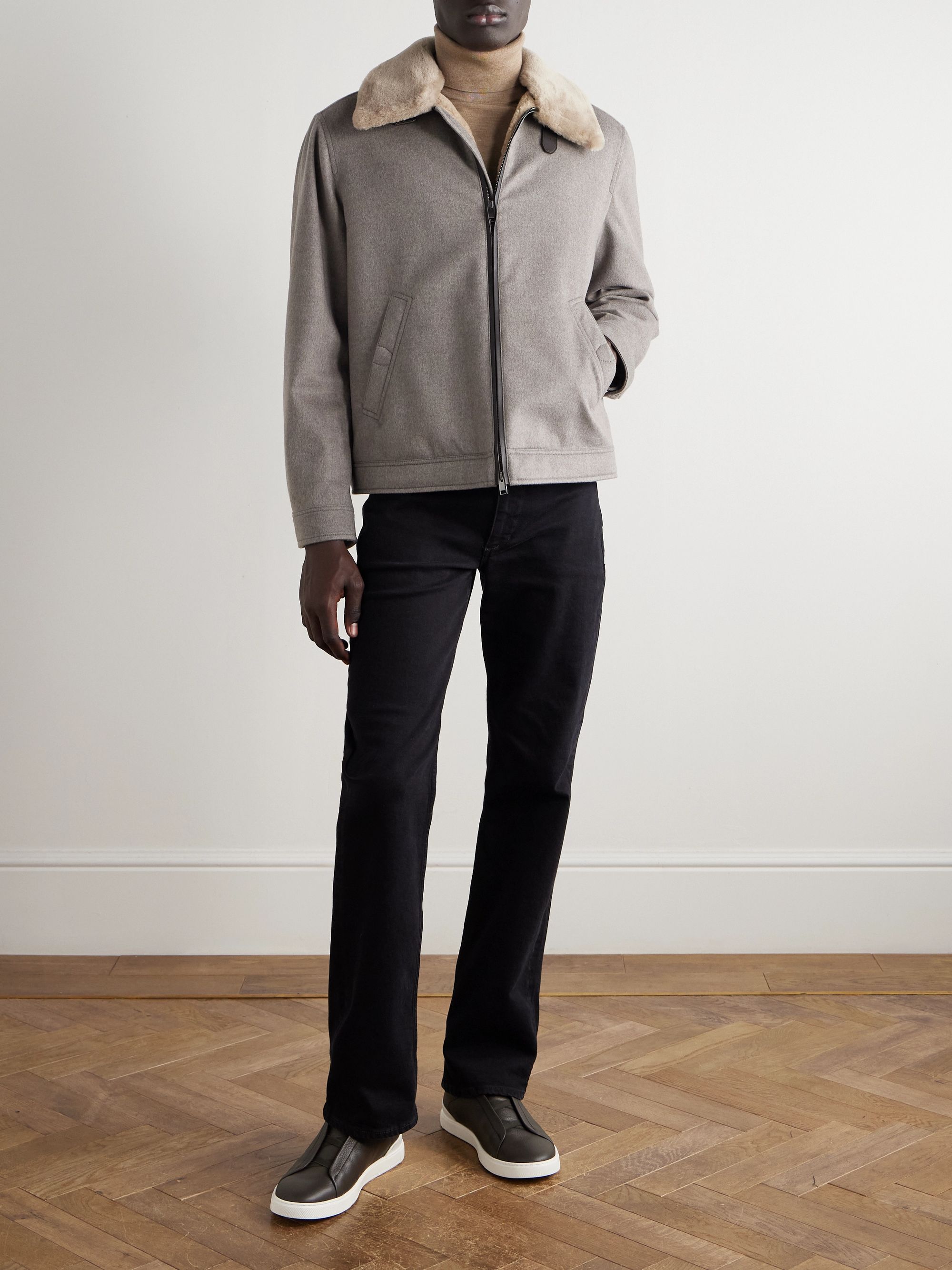 BRIONI Leather and Shearling-Trimmed Cashmere Bomber Jacket