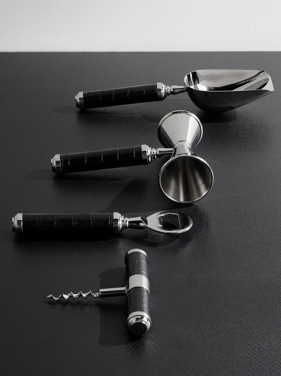 Ralph Lauren Wells Stainless Steel And Croc-effect Leather Bar Tool Set In Black