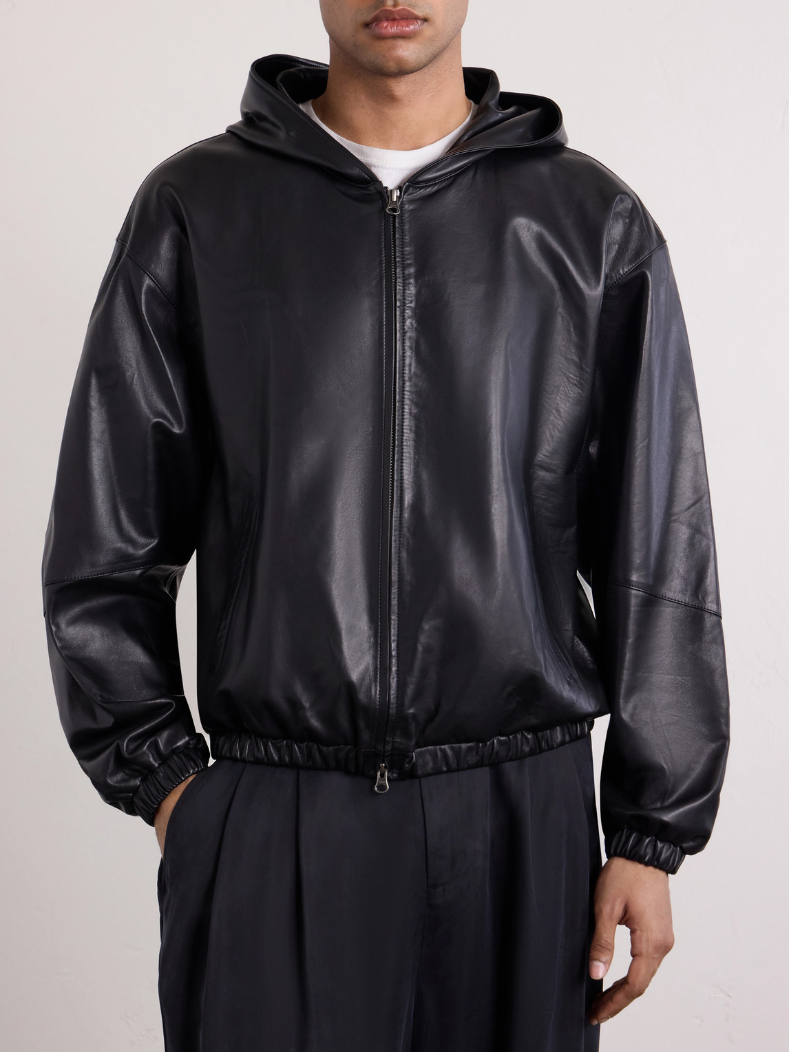  Amomento - Leather Hooded Jacket - Men - Blue - M 