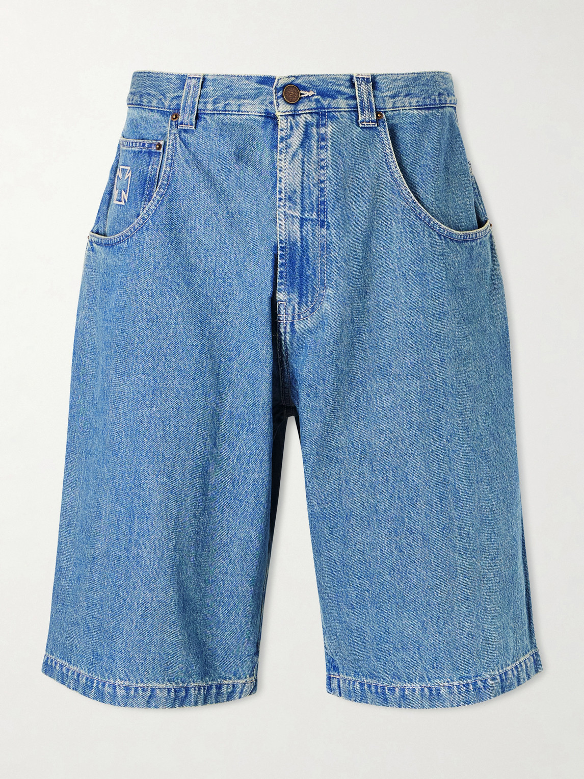 Vetements Biker Cross Wide-leg Embroidered Denim Shorts In Brown