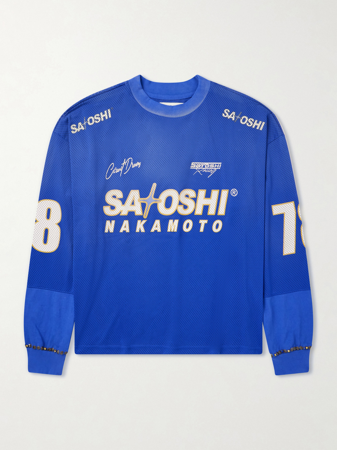 Satoshi Nakamoto Moto Logo-print Mesh T-shirt In Blue