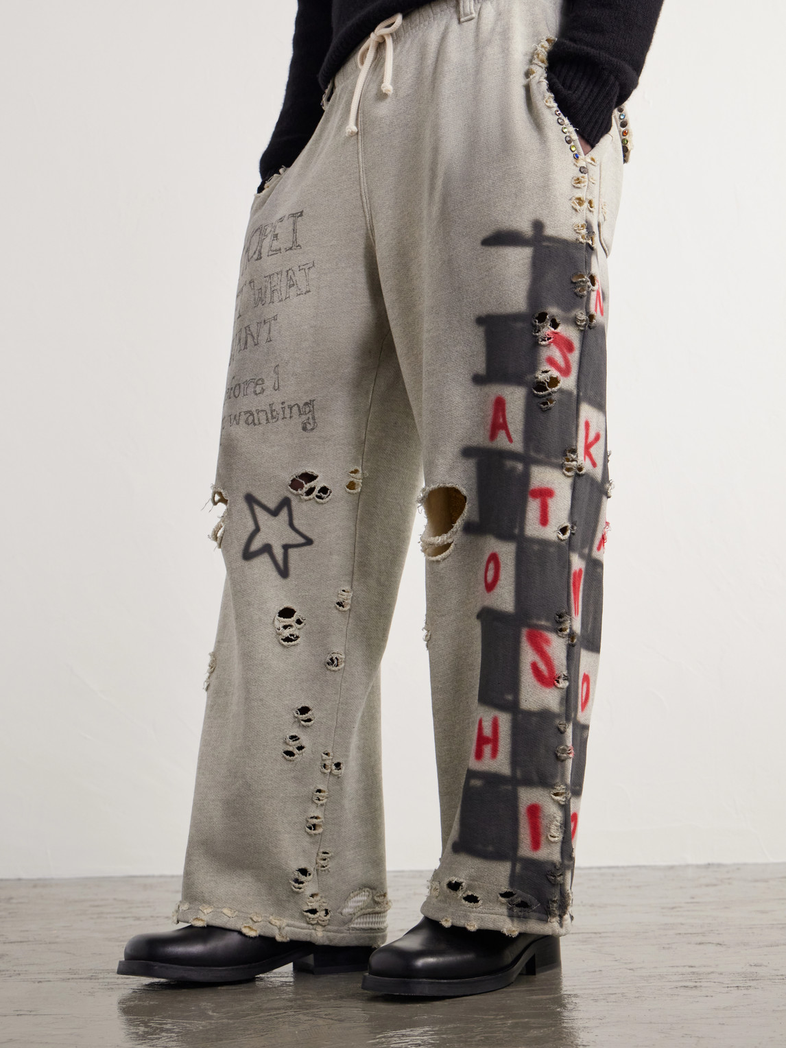 Get What I Want Printed Embellished Distressed Cotton-Jersey Sweatpants