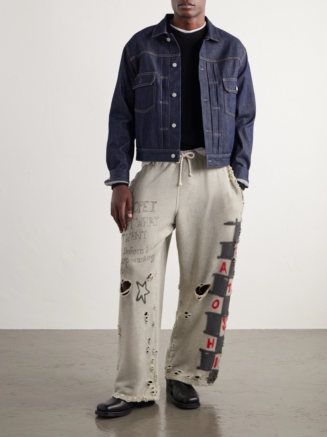 Get What I Want Printed Embellished Distressed Cotton-Jersey Sweatpants