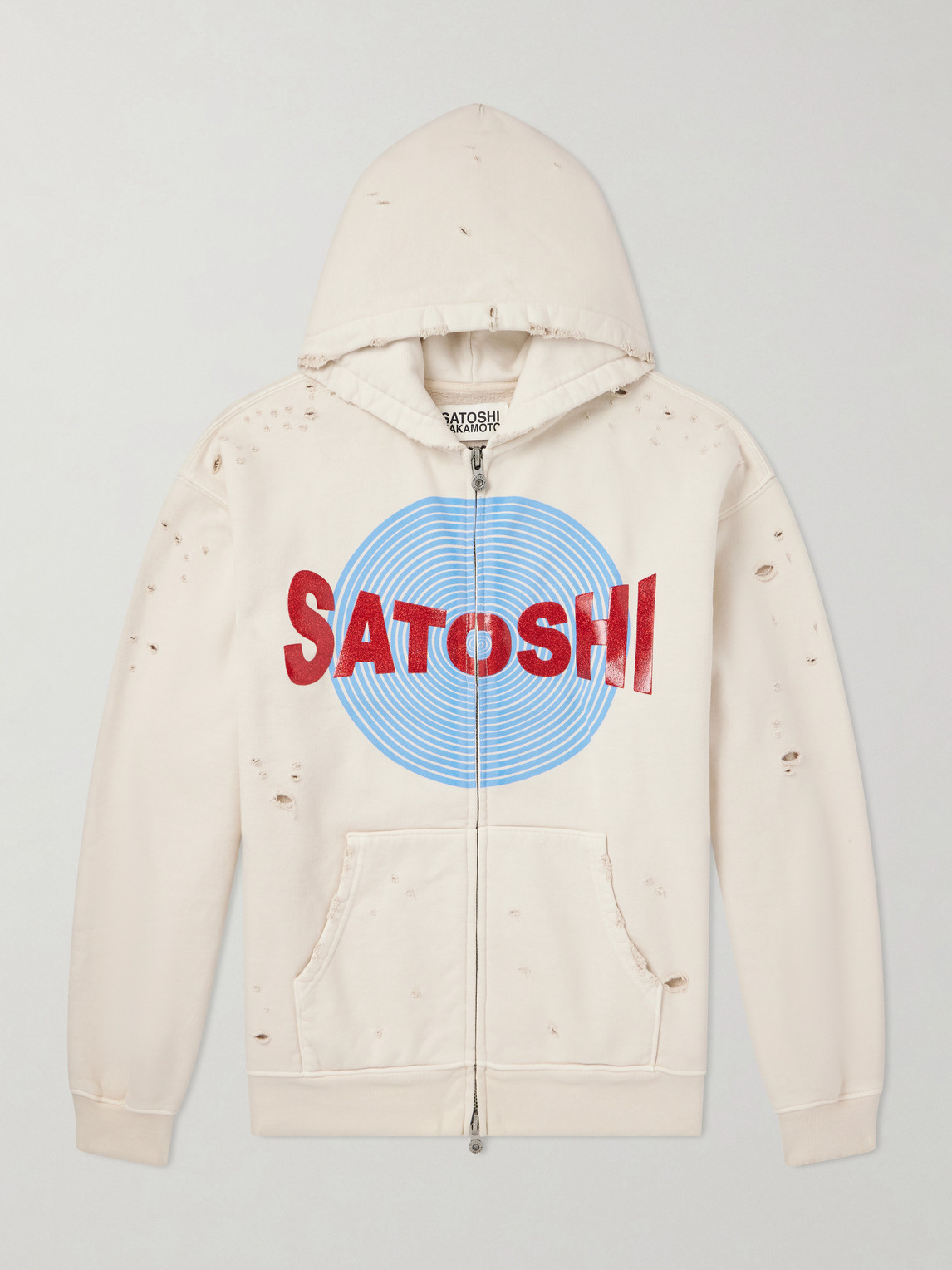 Satoshi Nakamoto Motoslug Logo-print Distressed Cotton-jersey Hoodie In White