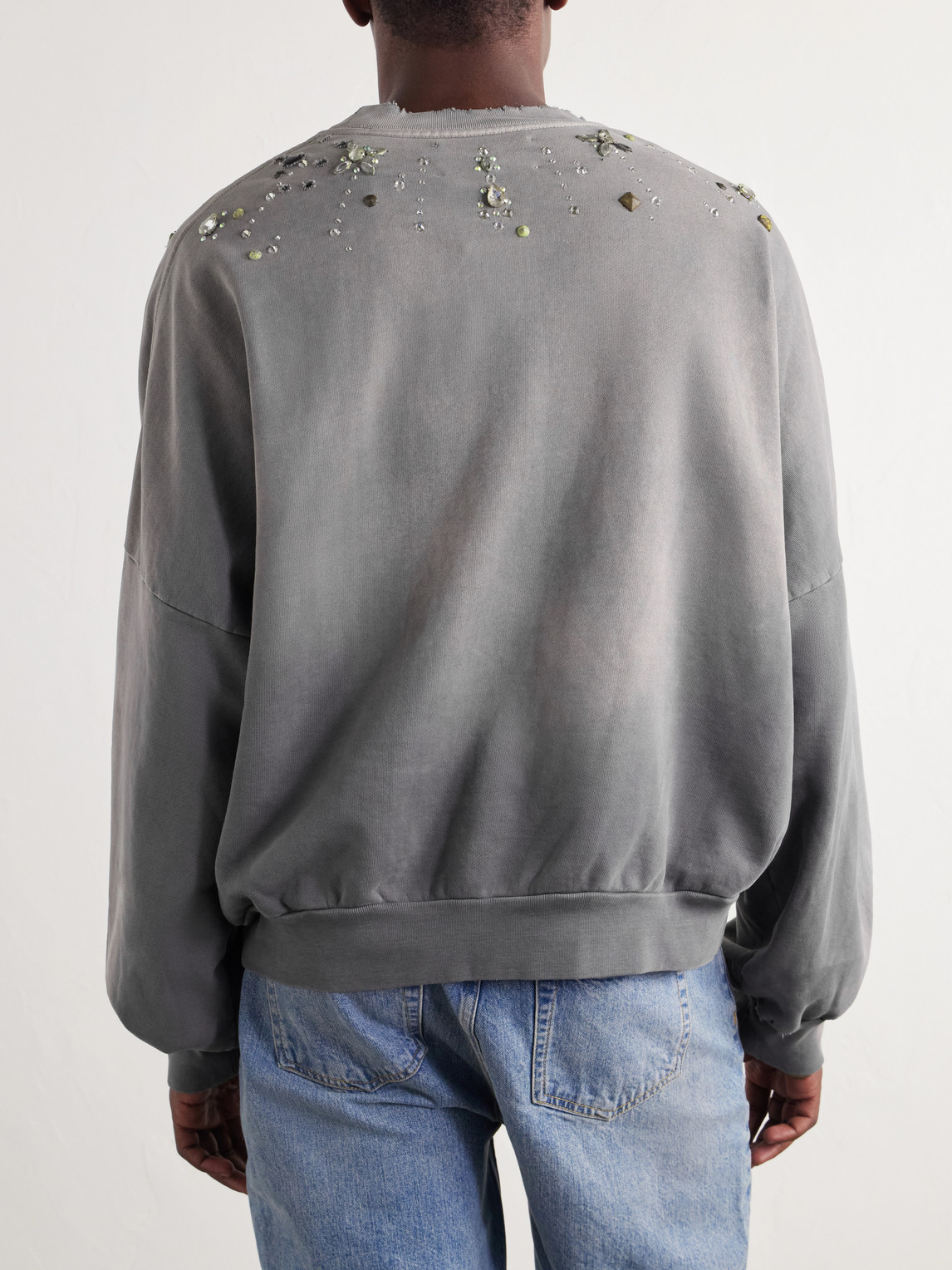 Crystal Castle Logo-Printed Embellished Distressed Cotton Sweatshirt