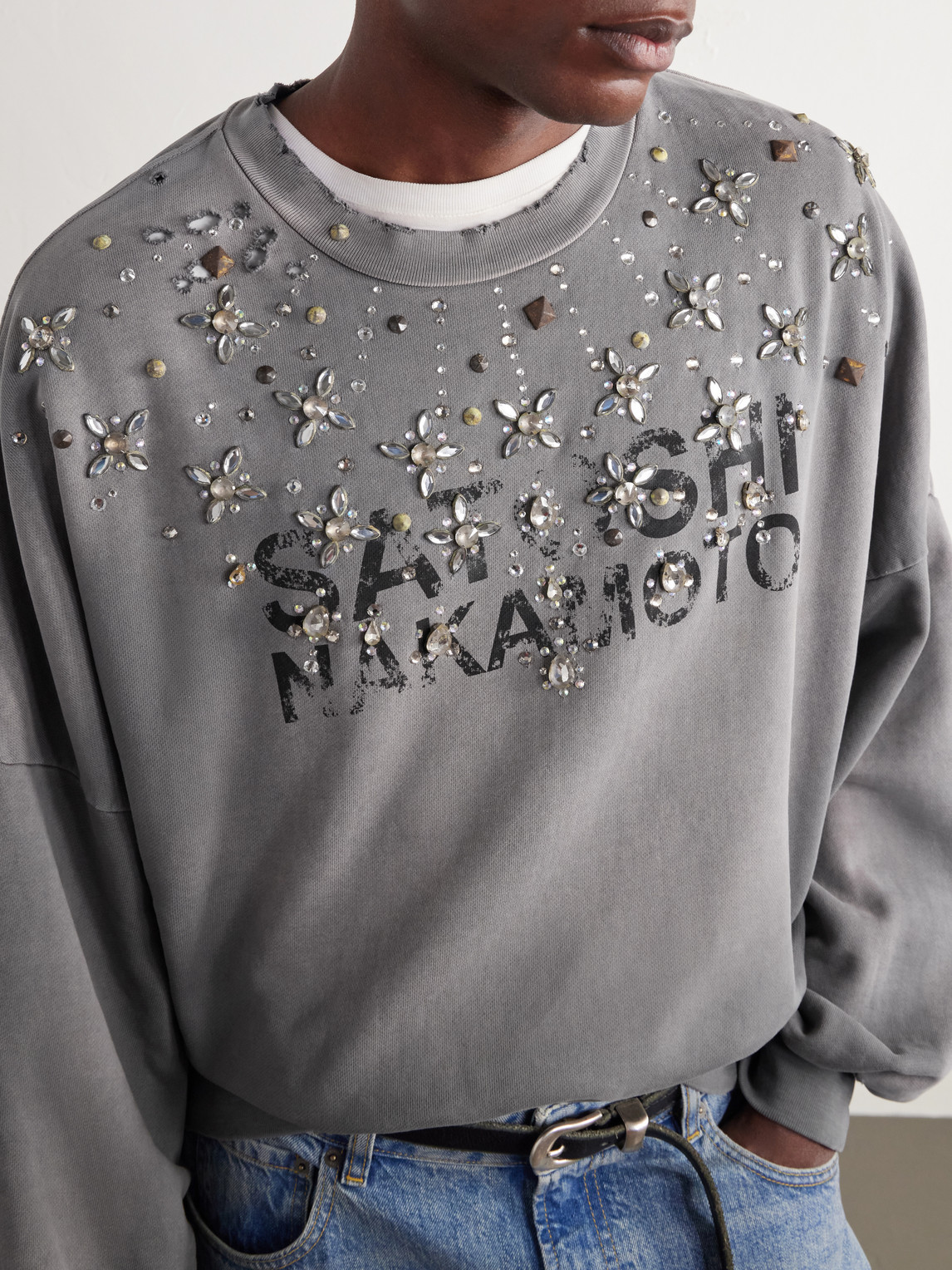 Crystal Castle Logo-Printed Embellished Distressed Cotton Sweatshirt