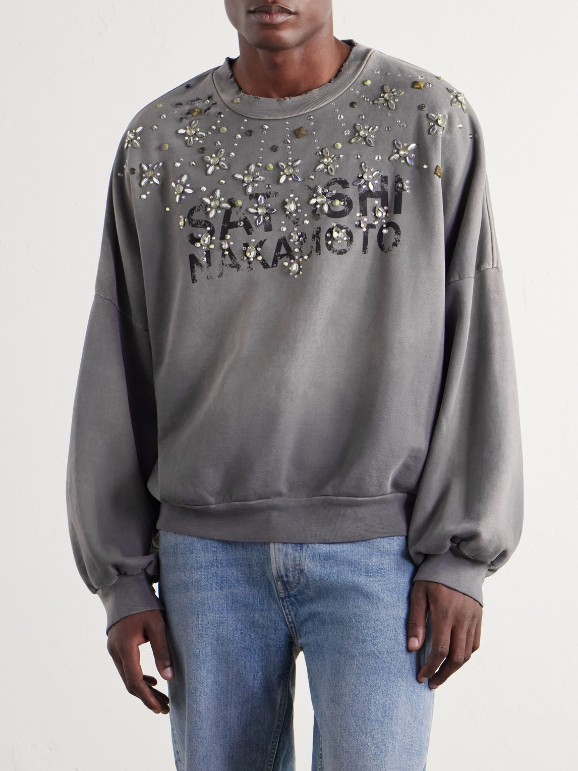 Crystal Castle Logo-Printed Embellished Distressed Cotton Sweatshirt