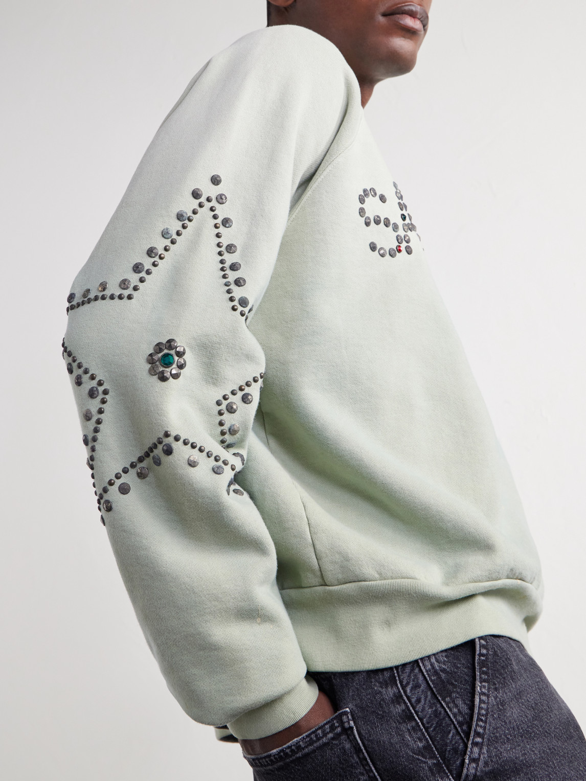 Distressed Studded Cotton-Jersey Sweatshirt