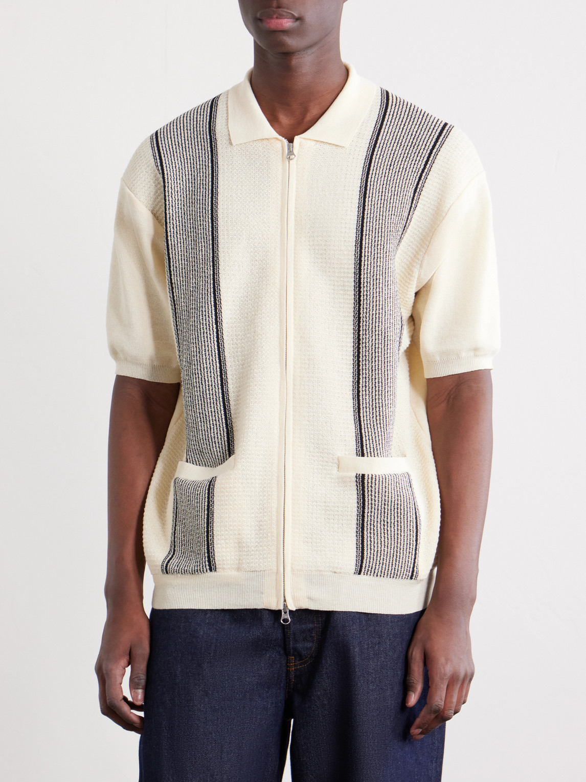  Beams Plus - Striped Knitted Half-zip Polo Shirt - Men - Neutrals - S 
