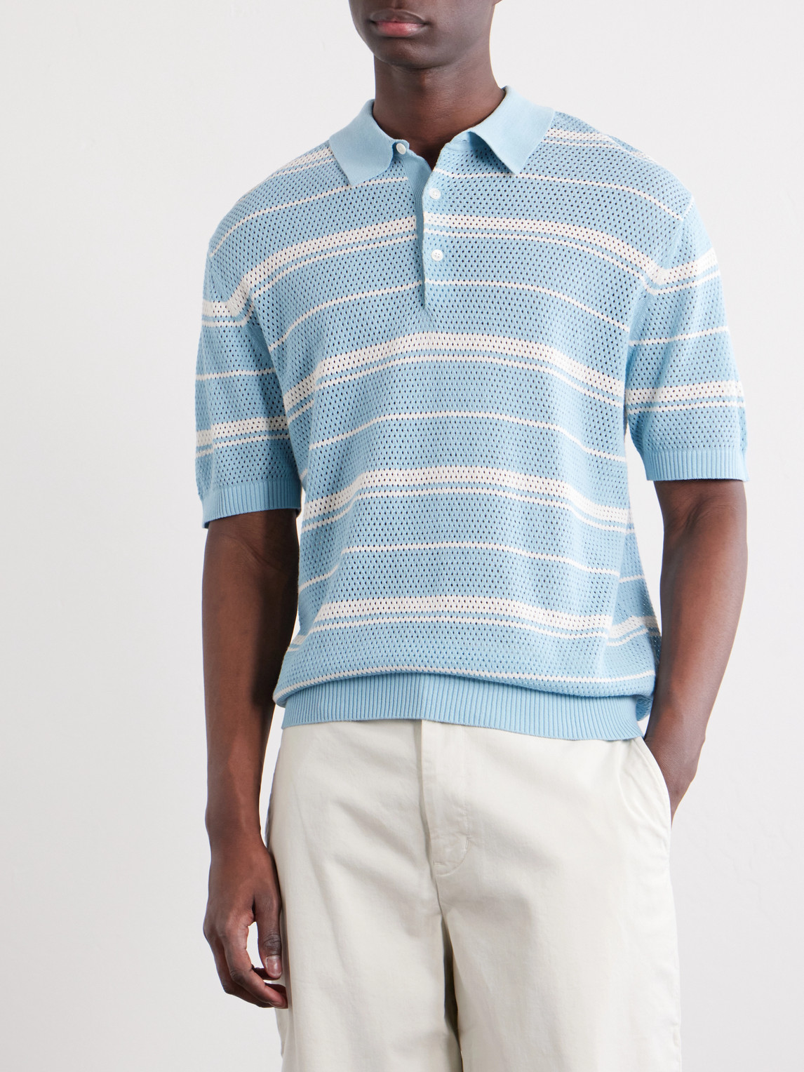  Beams Plus - Striped Knitted Cotton Polo Shirt - Men - Blue - M 