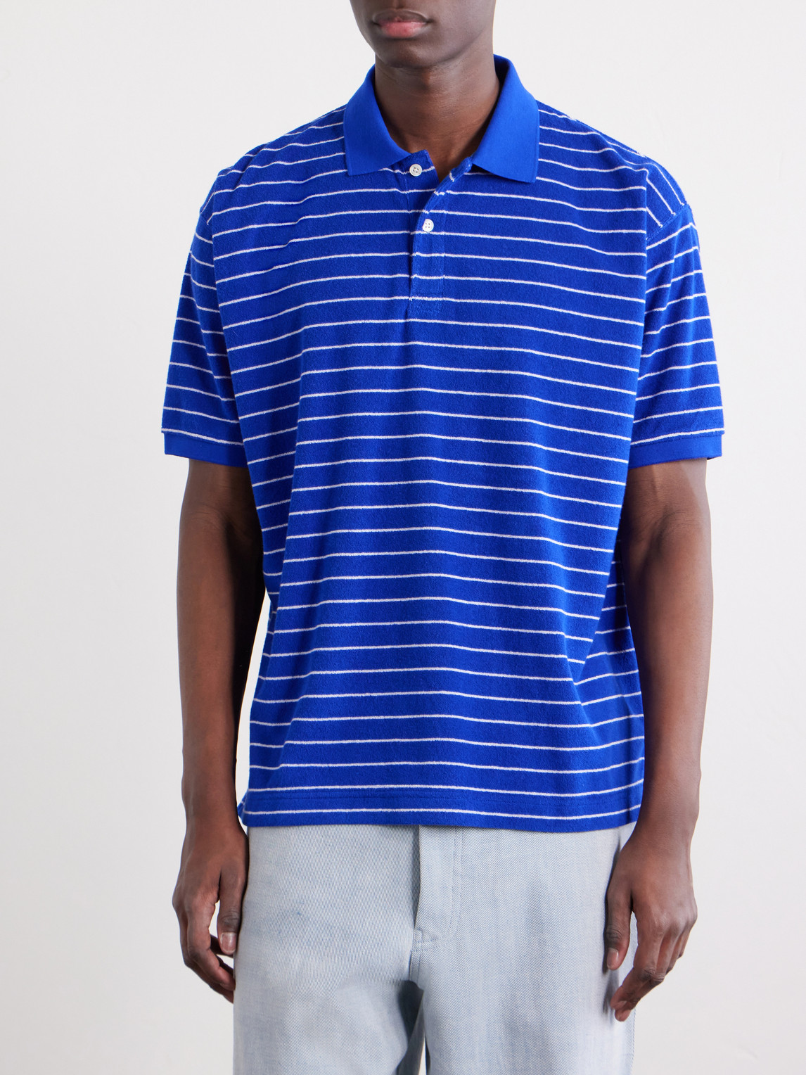  Beams Plus - Striped Cotton-blend Terry Polo Shirt - Men - Blue - S 