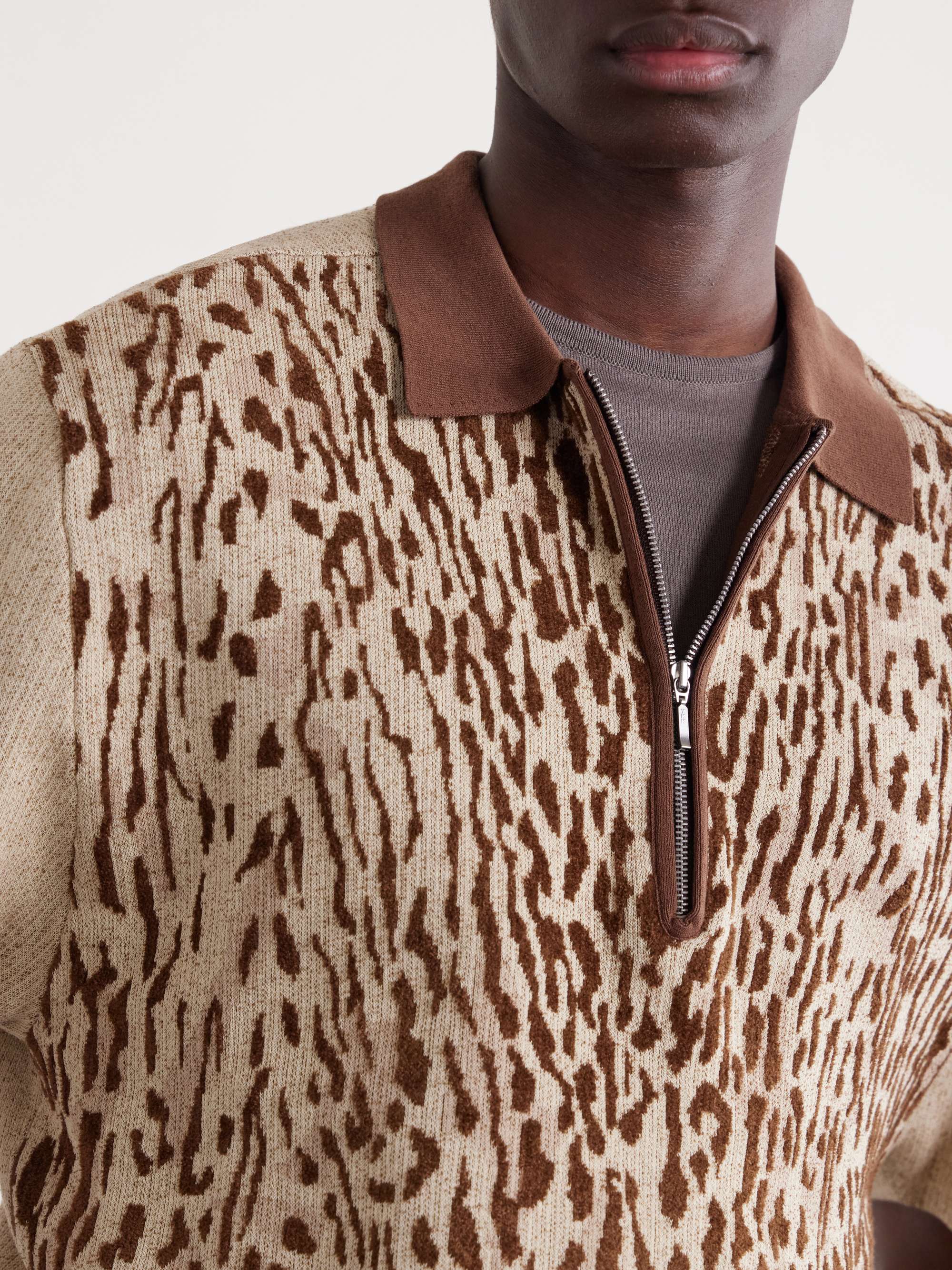 BEAMS PLUS Leopard-Jacquard Cotton-Blend Half-Zip Polo Shirt for