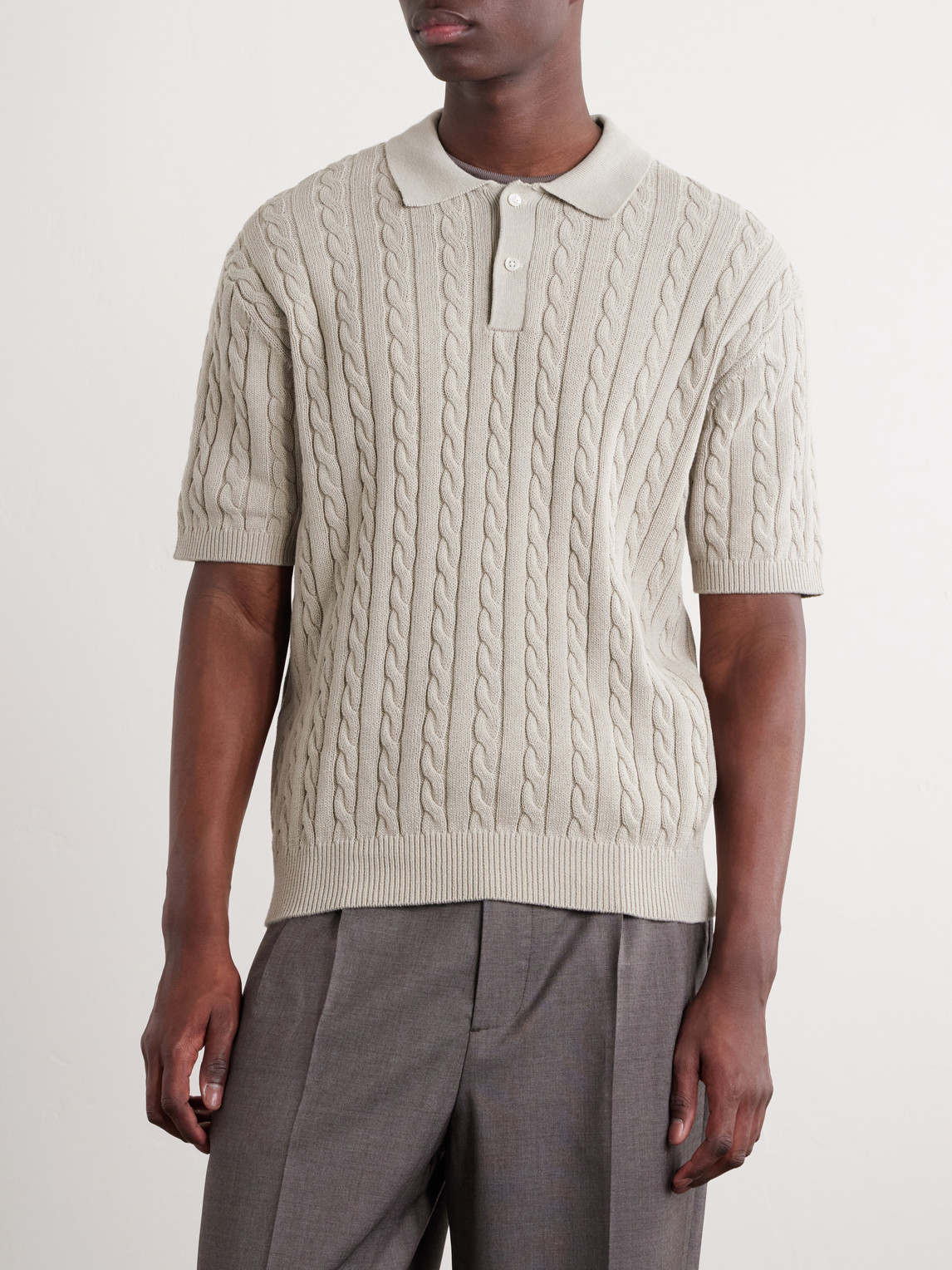  Beams Plus - Cable-knit Cotton Polo Shirt - Men - Gray - S 