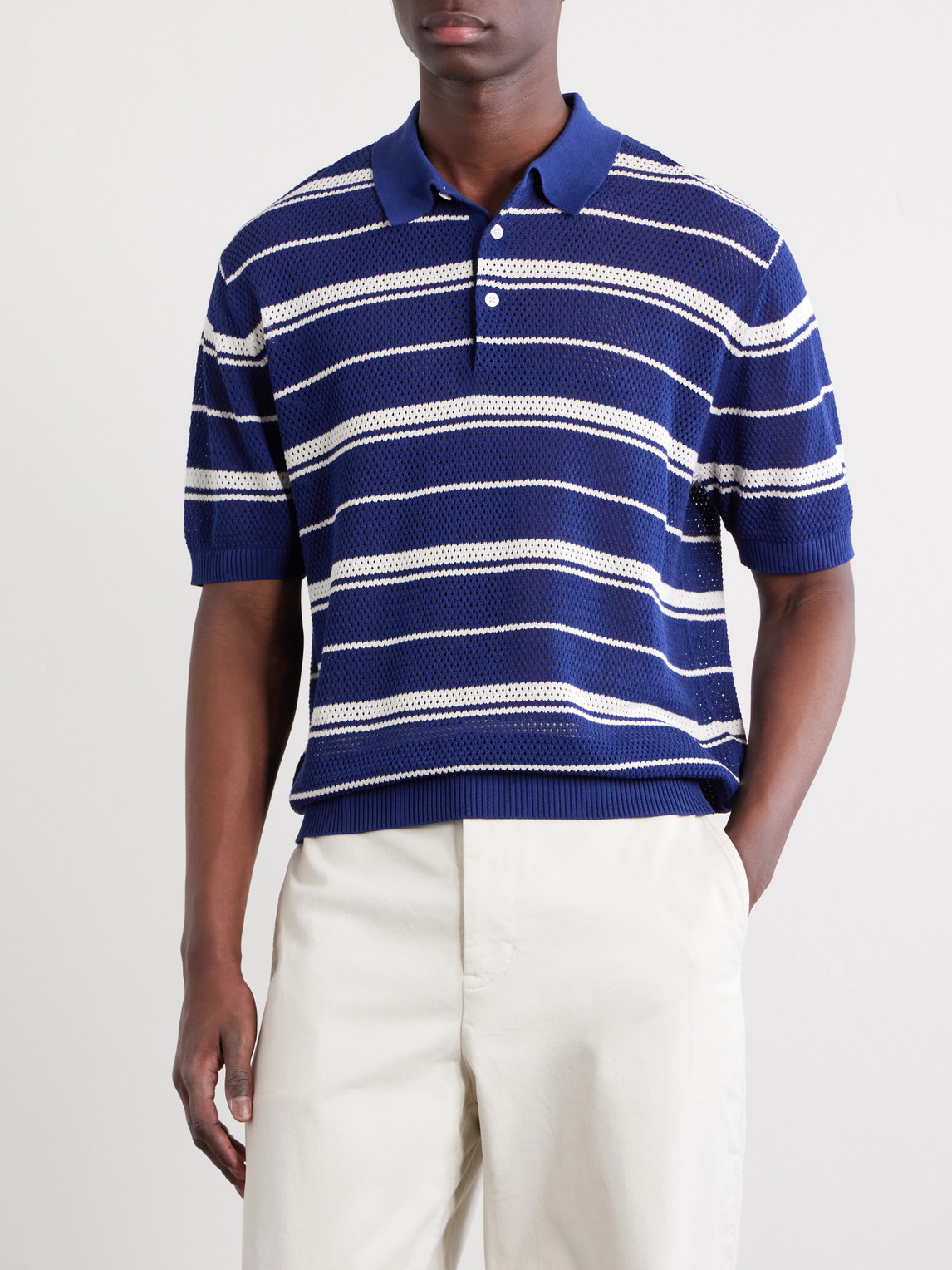  Beams Plus - Striped Knitted Cotton Polo Shirt - Men - Blue - S 