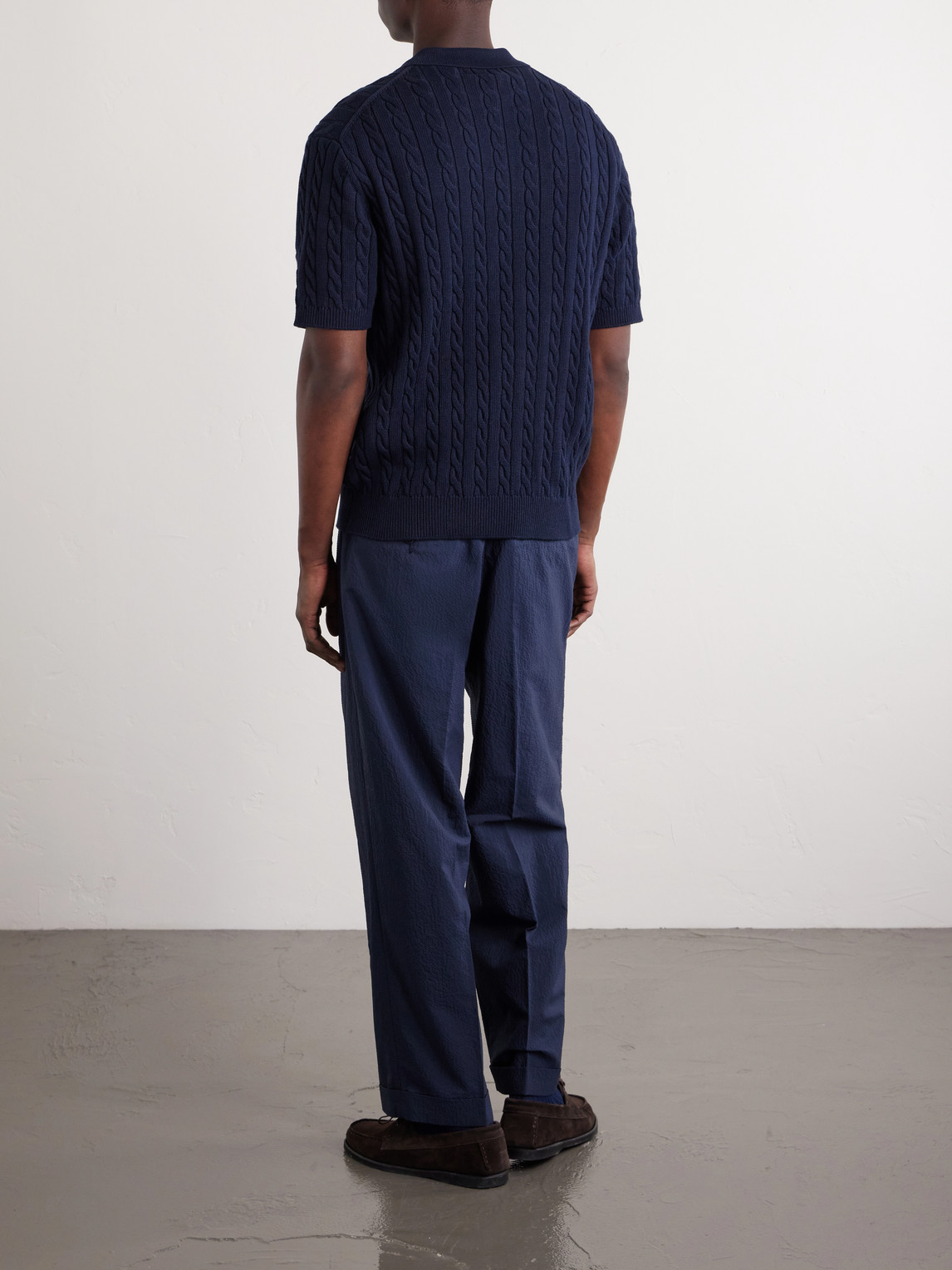  Beams Plus - Cable-knit Cotton Polo Shirt - Men - Blue - S 