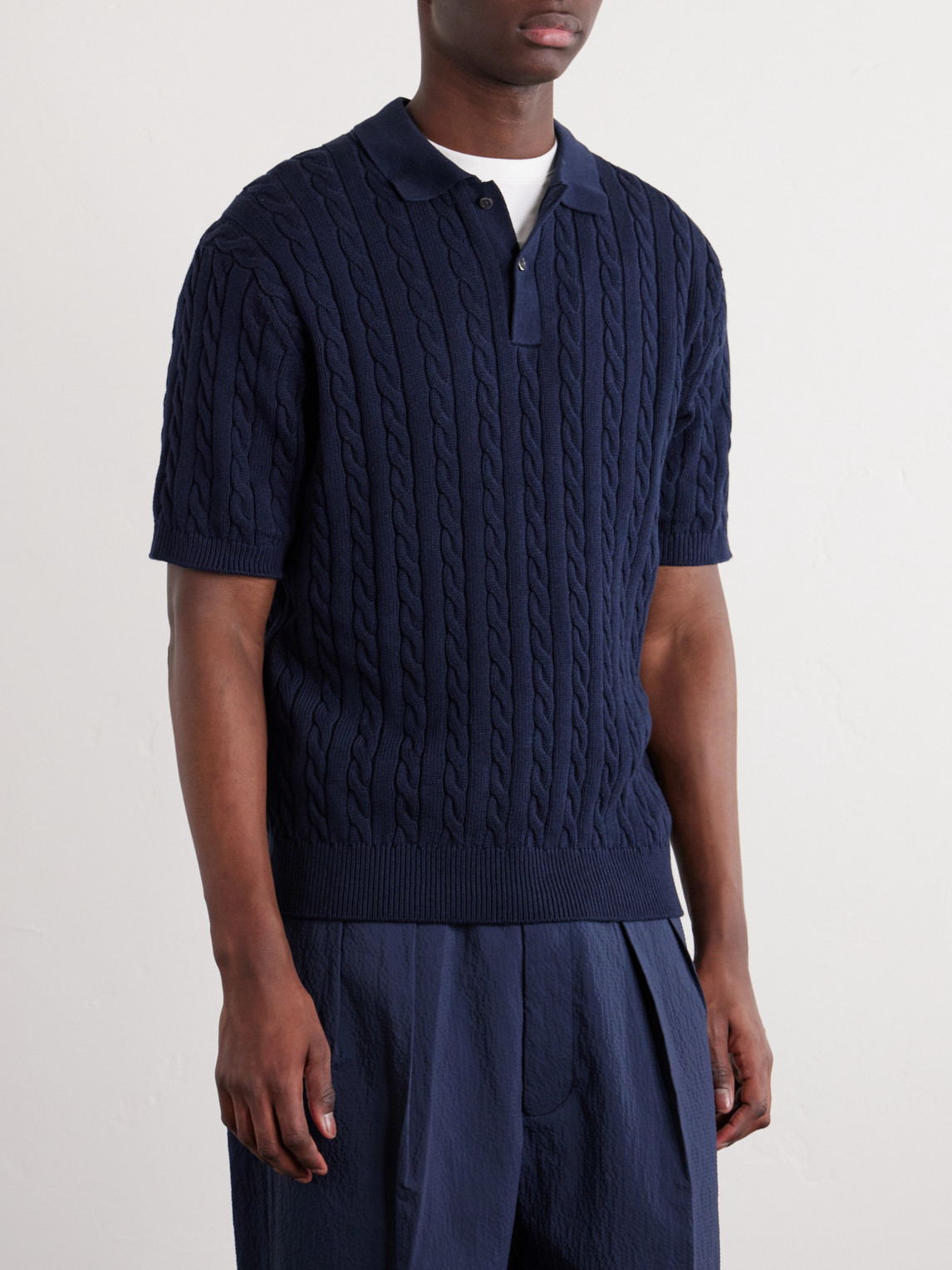  Beams Plus - Cable-knit Cotton Polo Shirt - Men - Blue - S 