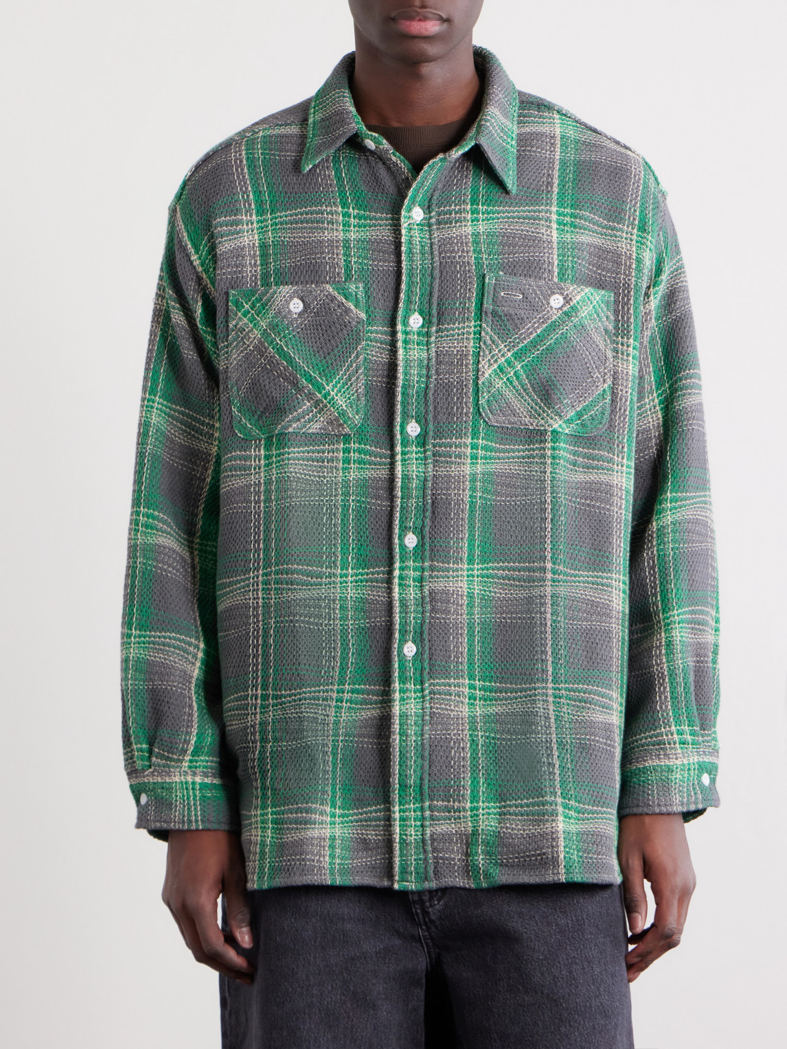  Beams Plus - Checked Waffle-knit Cotton Shirt - Men - Green - S 