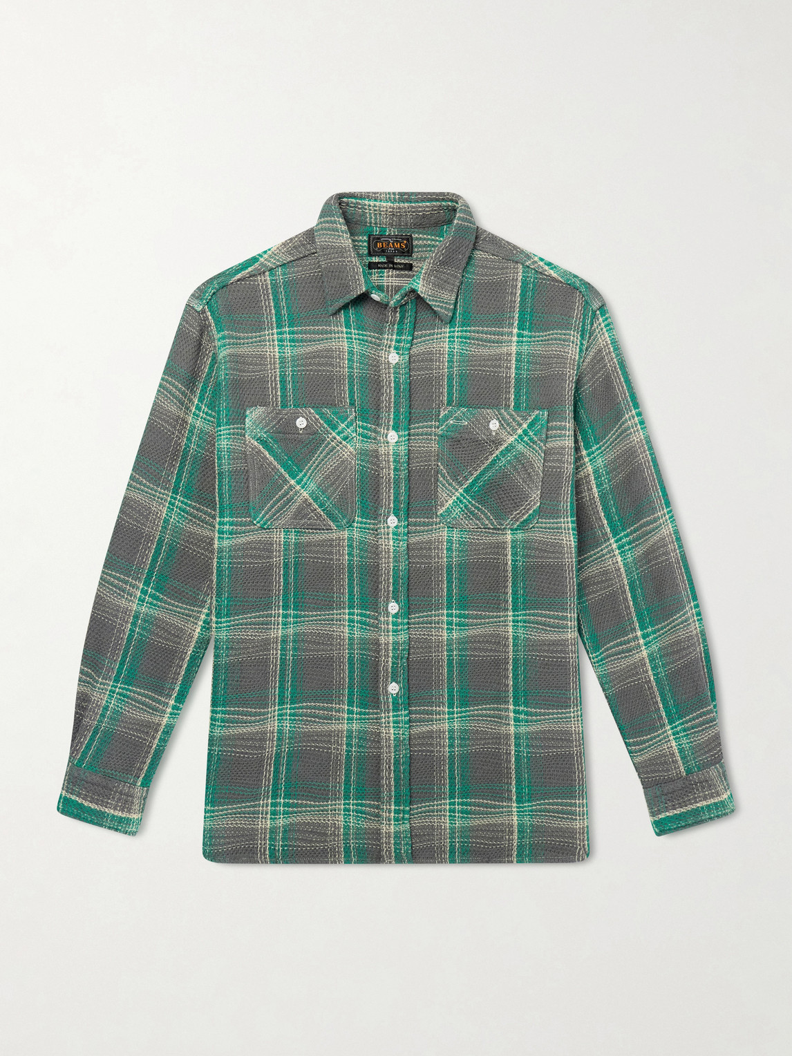 Beams Checked Waffle-knit Cotton Shirt In Green