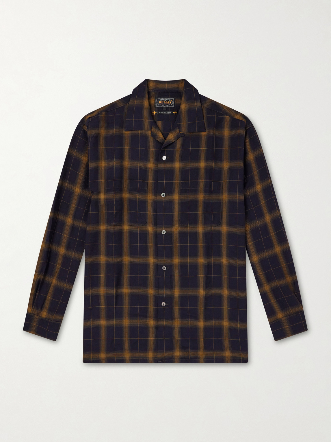 Beams Convertible-collar Checked Woven Shirt In Black